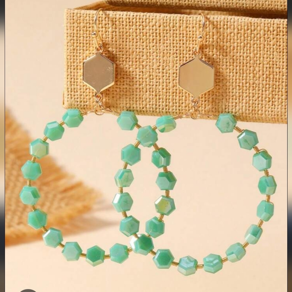 Elegant Turquoise Hexagon Beaded Earrings